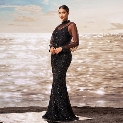 sequin embellished tulle sleeve maxi dress in black