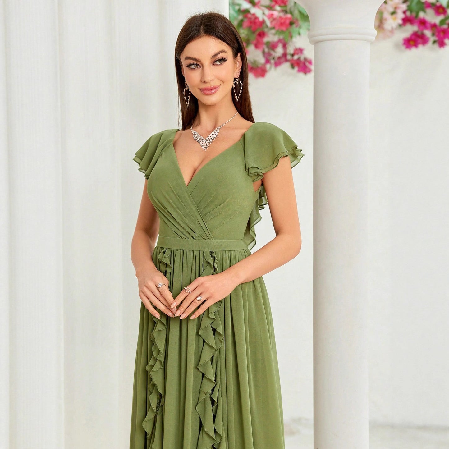 v neck ruffle detail backless maxi dress in green