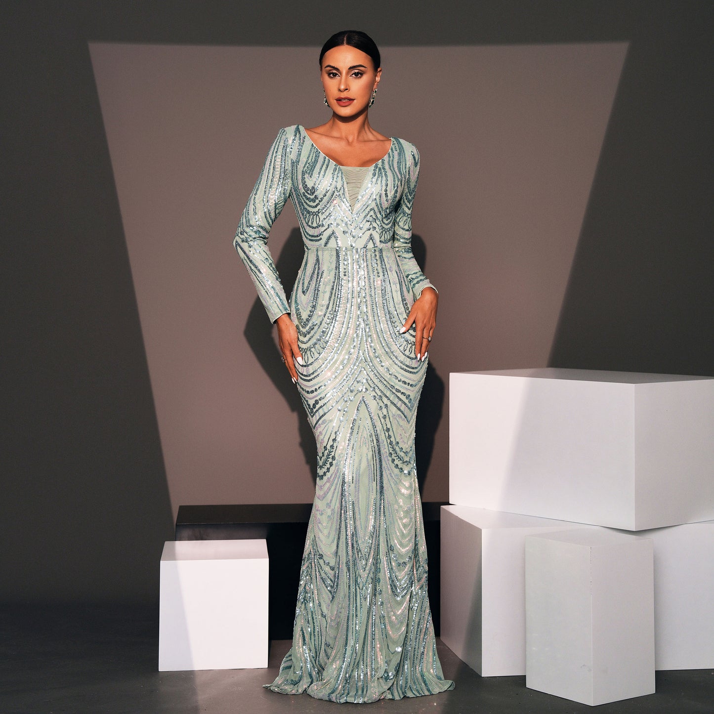 v-neck sequin detail long sleeve bodycon maxi dress
