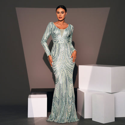 v-neck sequin detail long sleeve bodycon maxi dress