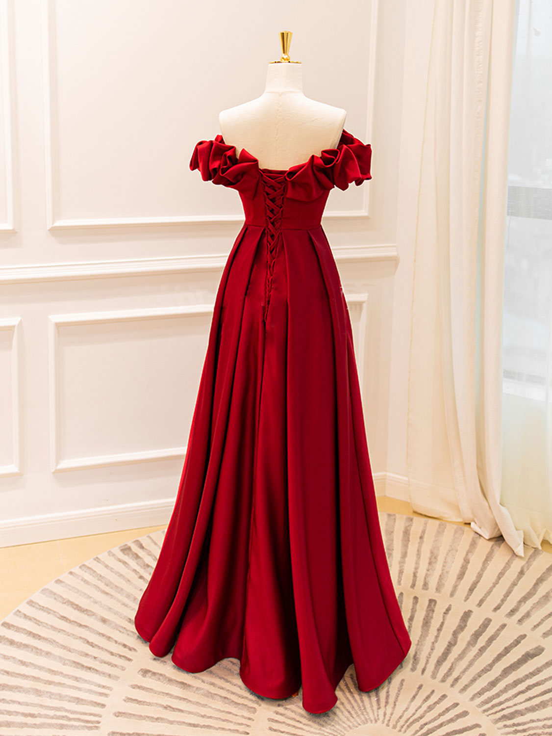 A-Line Off Shoulder Satin Burgundy Dress
