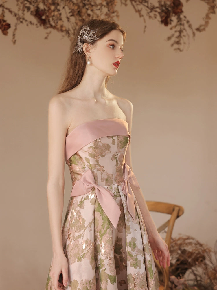 floral print strapless satin maxi dress in pink