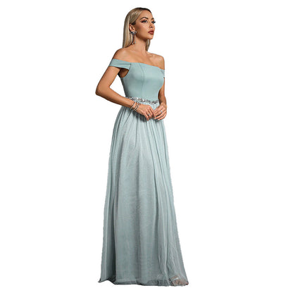 off shoulder rhinestone tulle patchwork satin maxi dress in mint