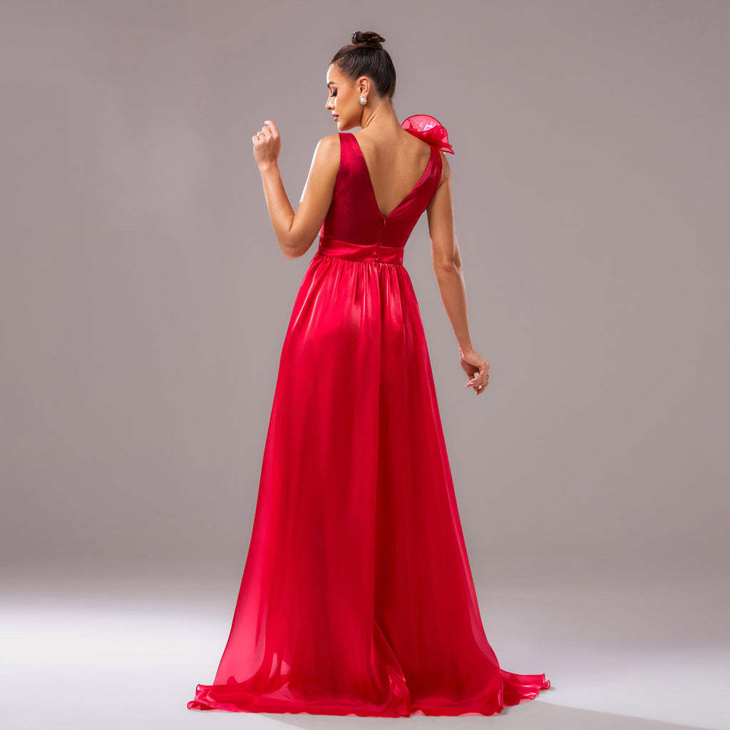 Sleeveless V-neck floral hip-hugging slit dress - red