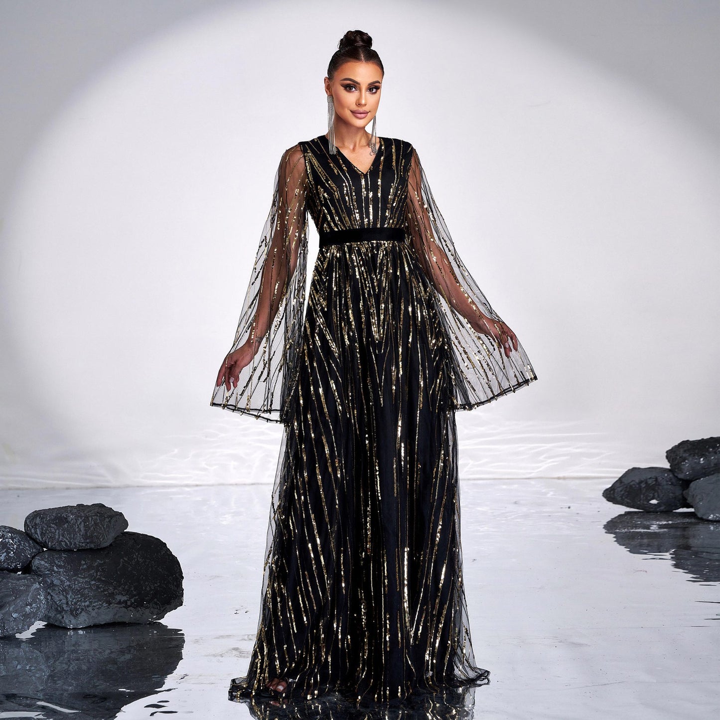v-neck sequin applique tulle sleeve maxi dress in black