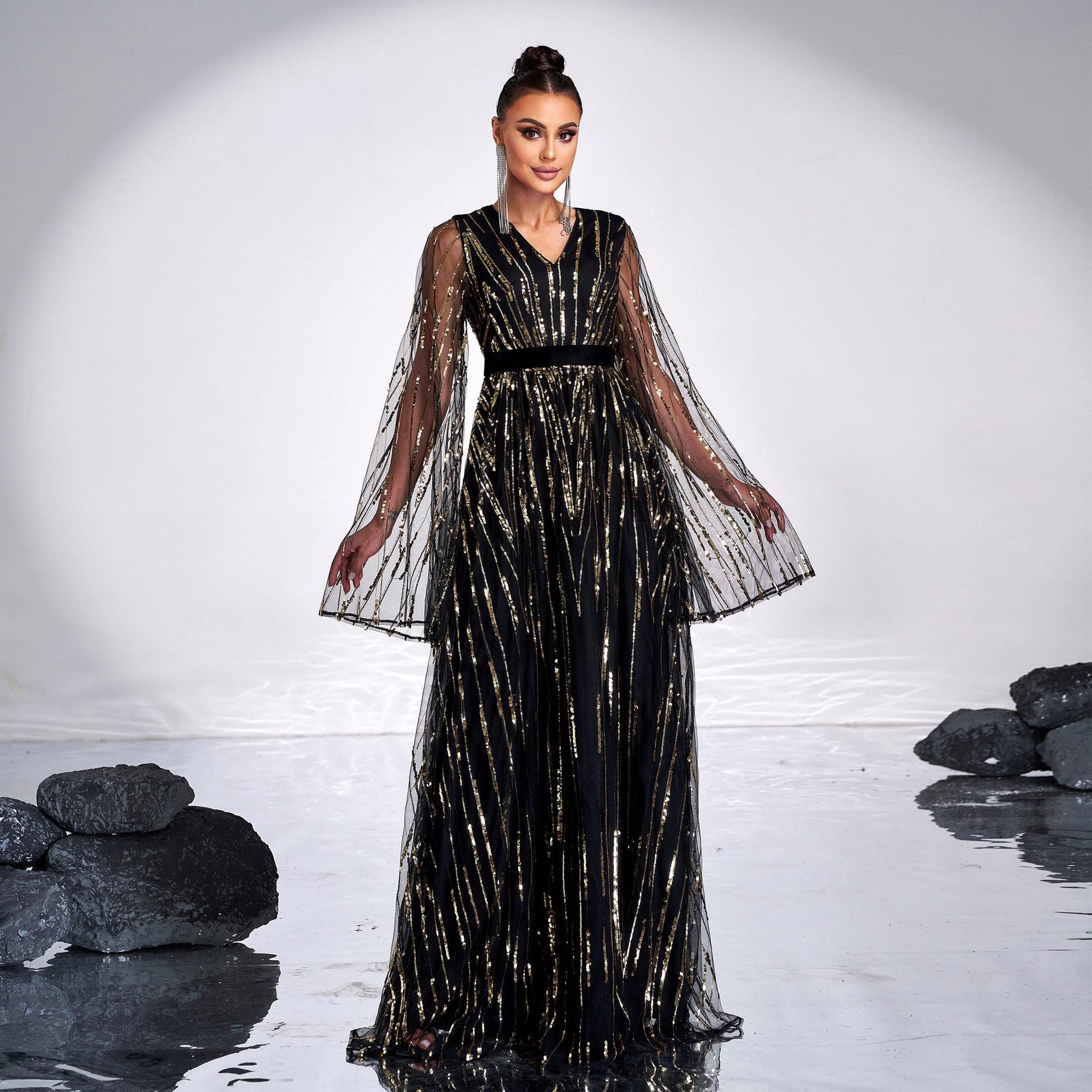 v-neck sequin applique tulle sleeve maxi dress in black