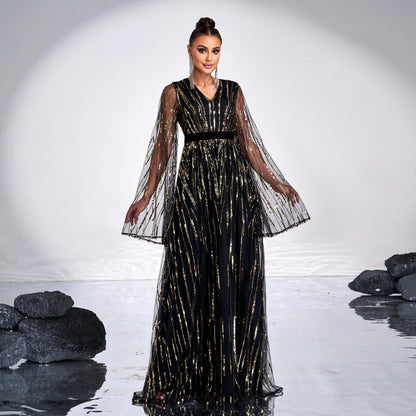 v-neck sequin applique tulle sleeve maxi dress in black