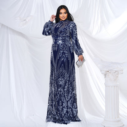 sequin patern long sleeve plus size maxi dress in dark blue