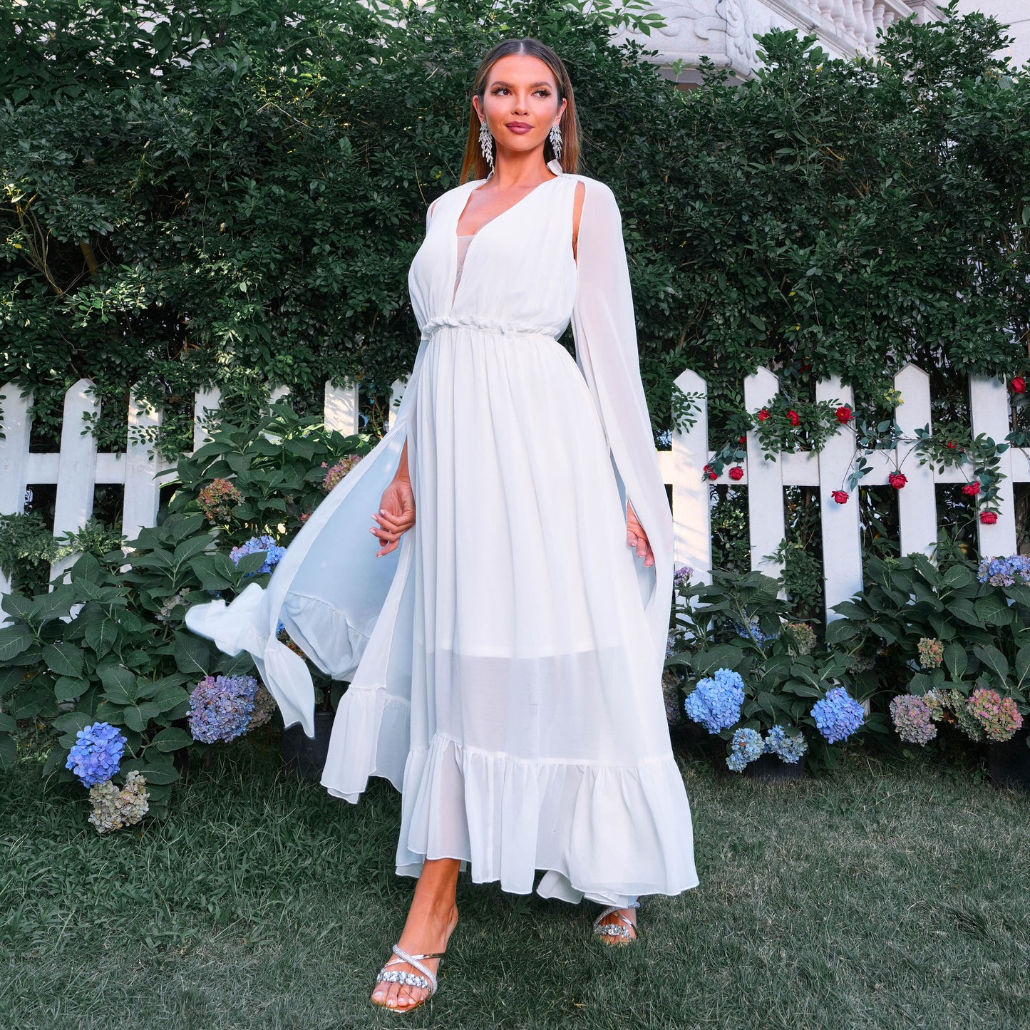 wendy v-neck chiffon maxi dress in white