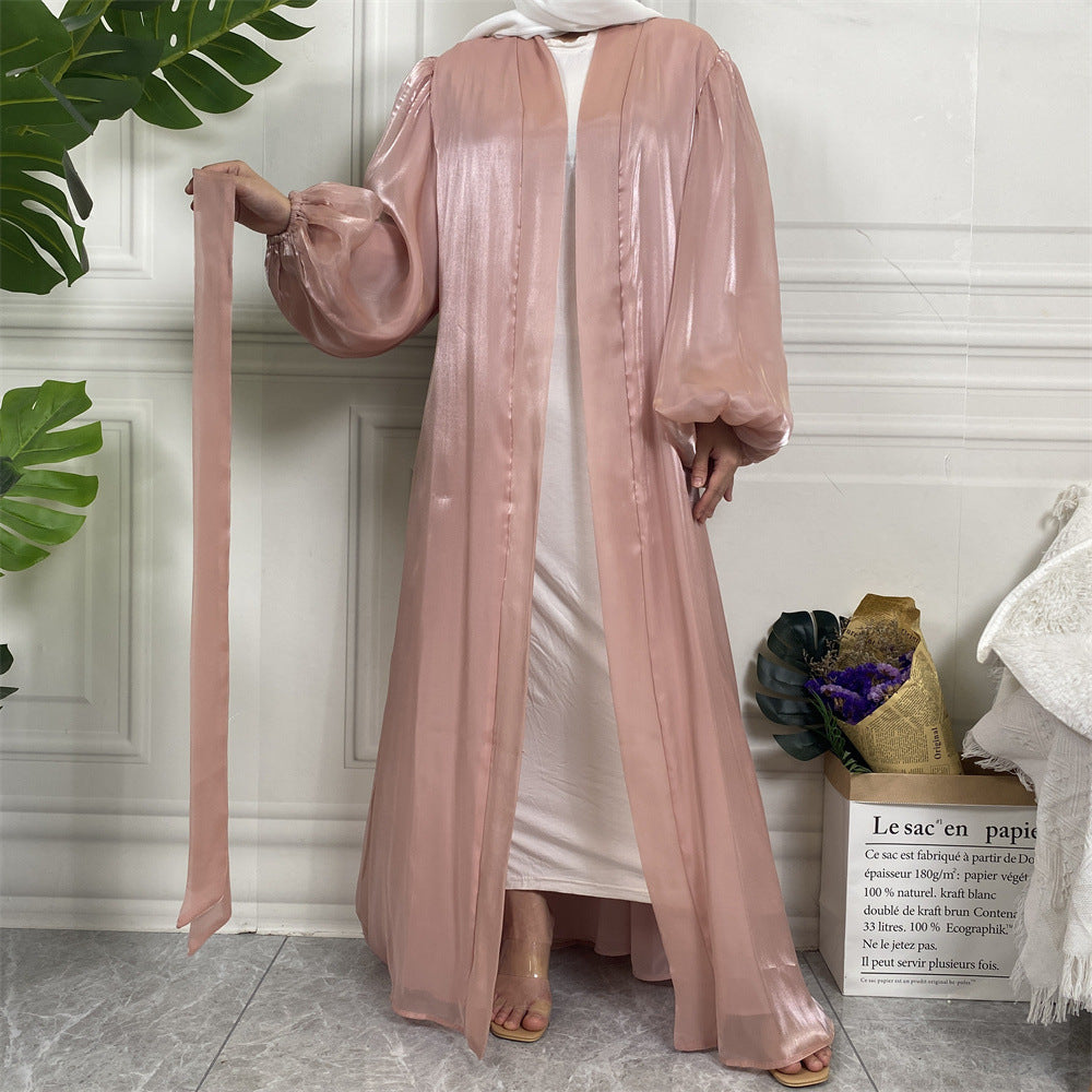 Shiny Silk Balloon Sleeves Lined Cardigan