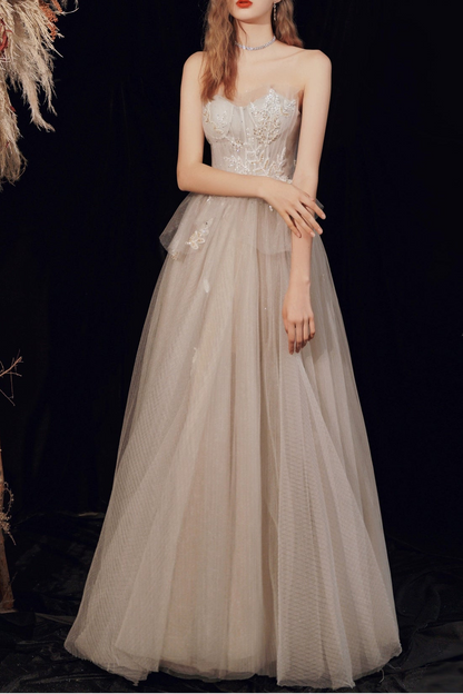 off-shoulder tulle maxi dress in Champagne Grey