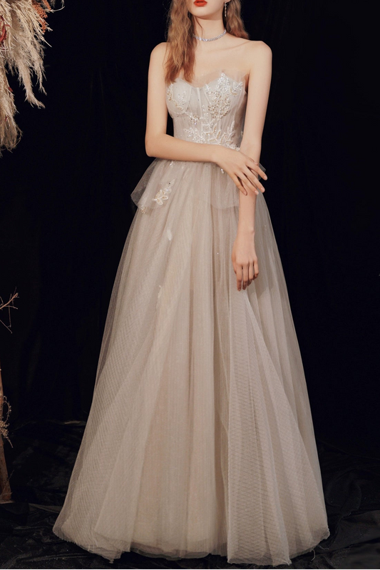 off-shoulder tulle maxi dress in Champagne Grey