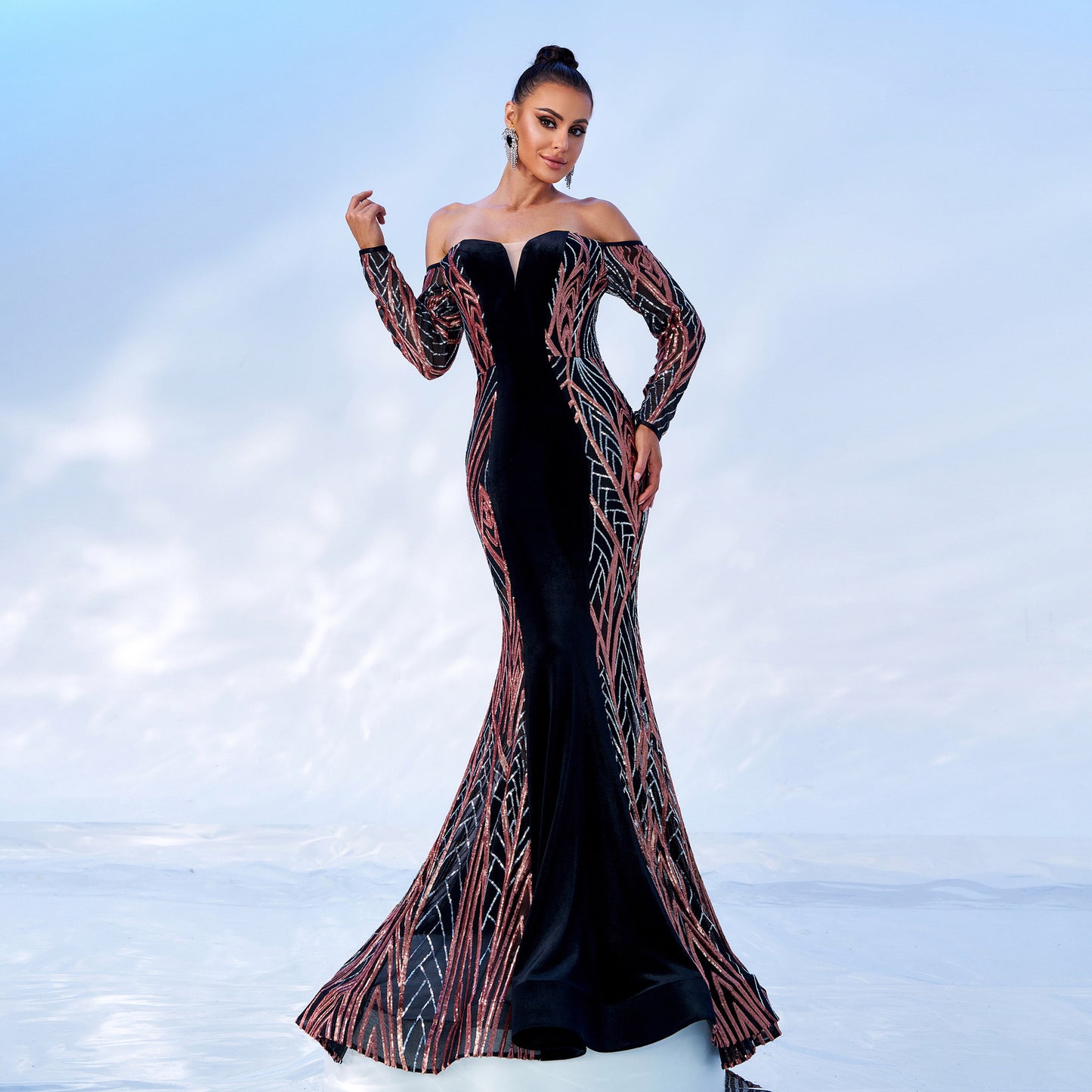 off shoulder sequin velvet maxi dress