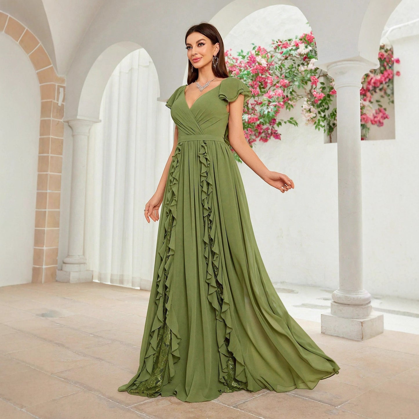 v neck ruffle detail backless maxi dress in green