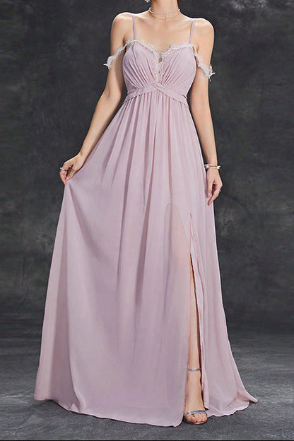 kate lace trim chiffon high slit maxi dress in pink