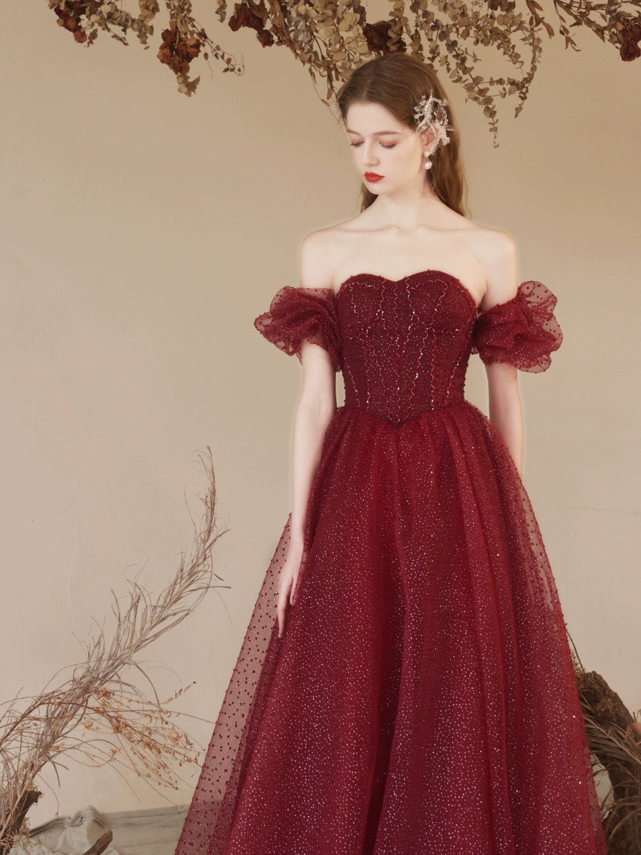 sequin detail polka dots puff sleeve maxi dress in claret