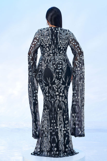 Long-sleeved round neck sequined fishtail dress