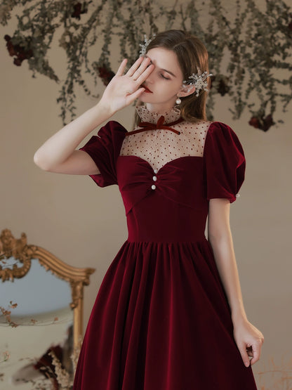 Retro puff sleeve velvet maxi dress