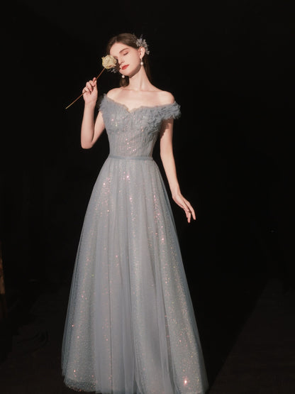 off-shoulder pleated sequin maxi dress in blue-gray