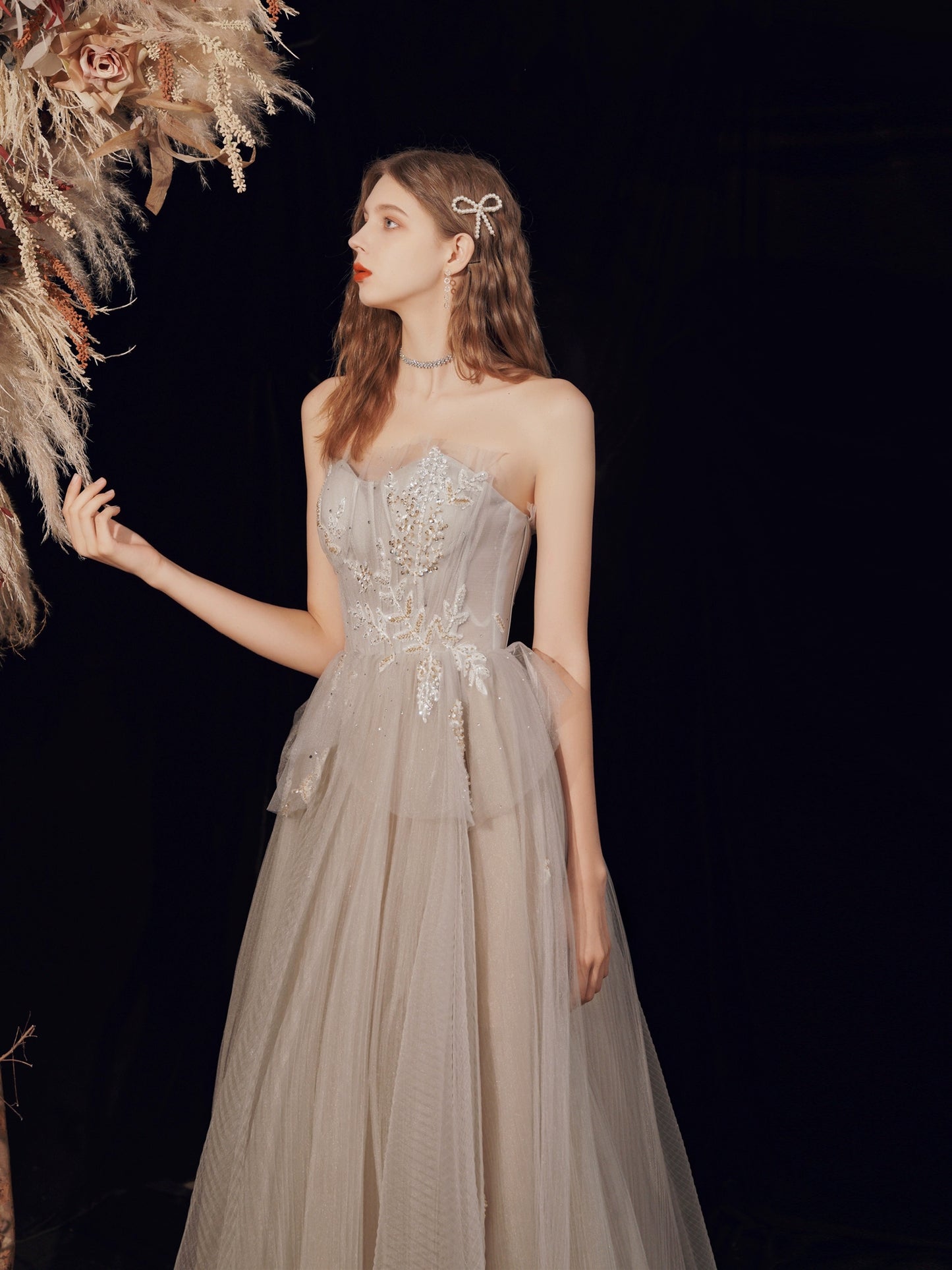 off-shoulder tulle maxi dress in Champagne Grey
