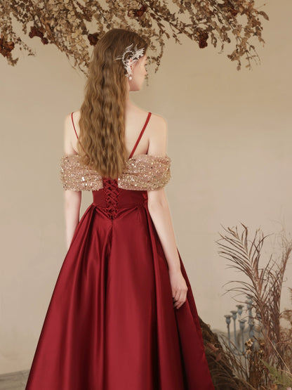 off-shoulder sequin satin maxi dress in claret