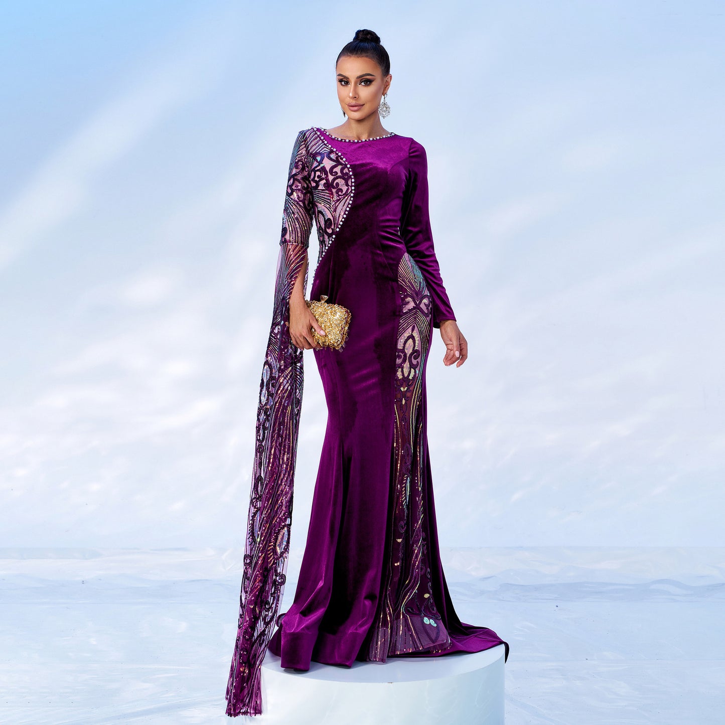 sequin applique pearl detail velvet maxi dress in purple