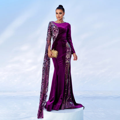 sequin applique pearl detail velvet maxi dress in purple