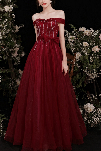 lily off-shoulder sequin maxi dress in Claret