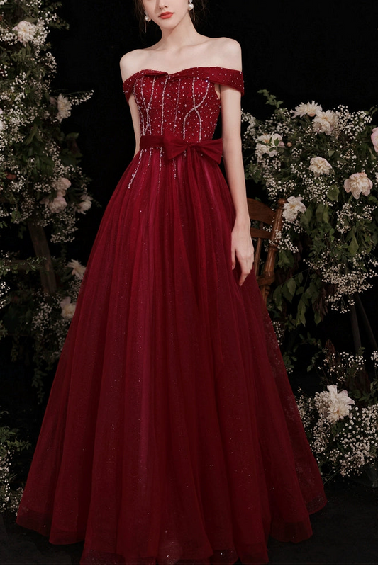 lily off-shoulder sequin maxi dress in Claret