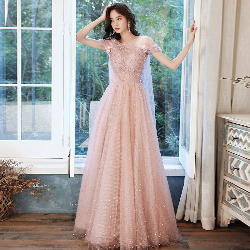 Pink one-shoulder pearl maxi tulle evening dress