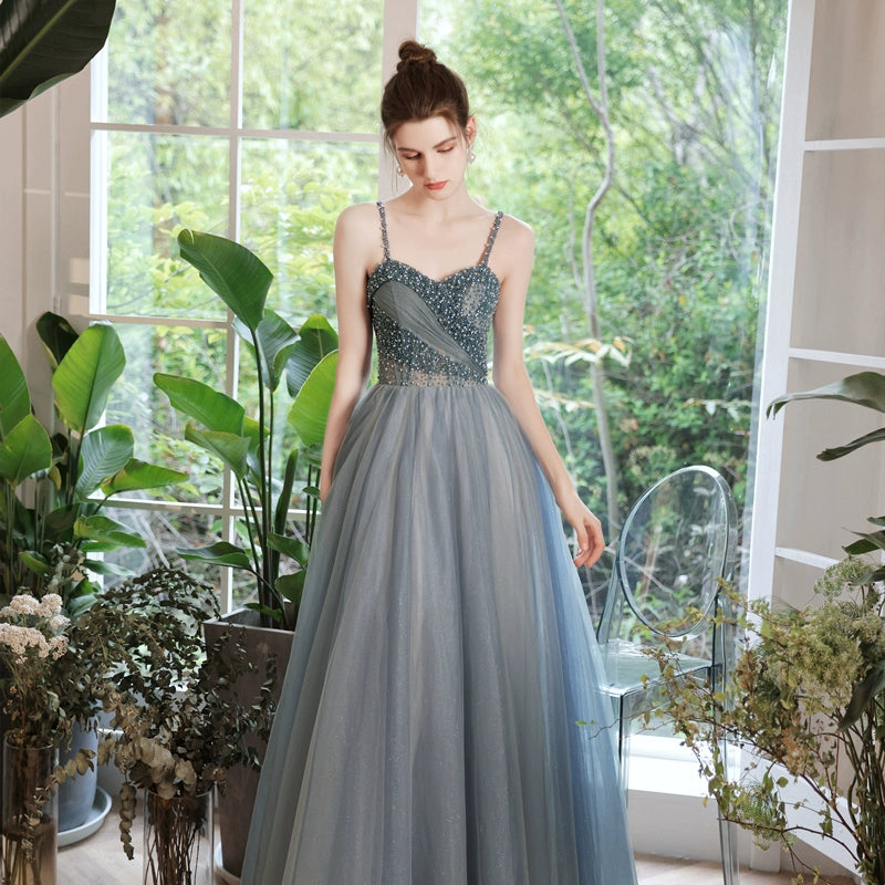 viven pearl embellished tulle maxi dress in blue