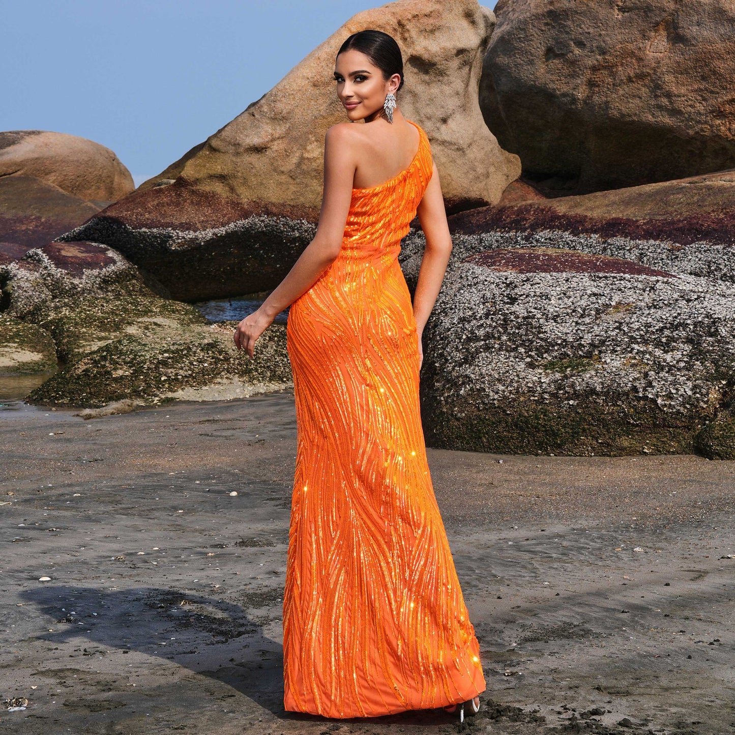 sarah one-shoulder sequin high slit maxi dress