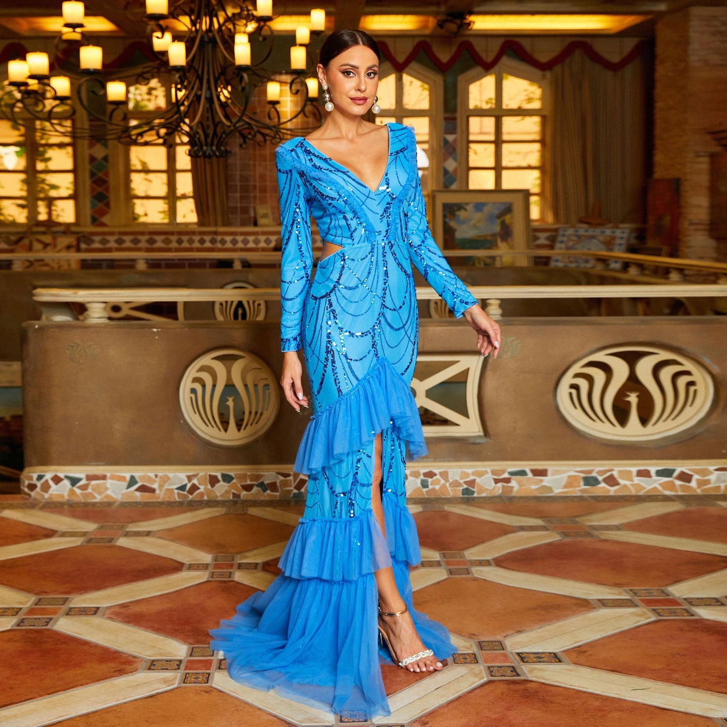 sequin detail high slit layer trim maxi dress in blue