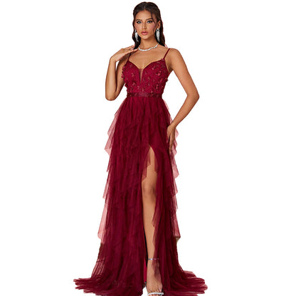 floral emdroidery tulle high slit maxi dress in red