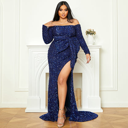 plus size bow sequin high slit starpless maxi dress