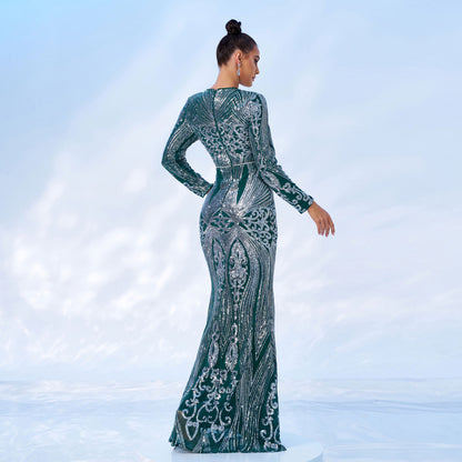 winifred sequin print long sleeve maxi dress in green
