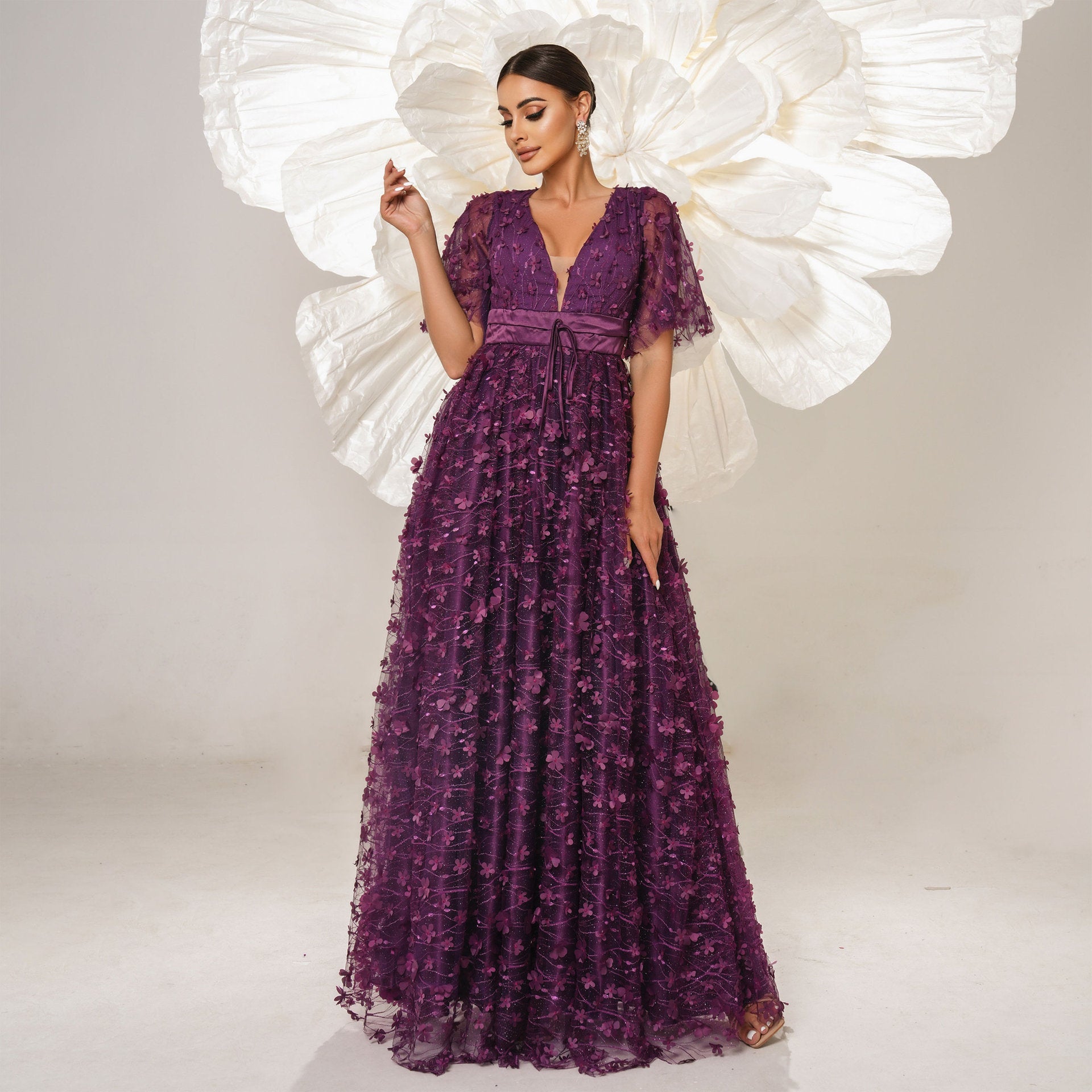 v-neck flower embroidery maxi dress in purple