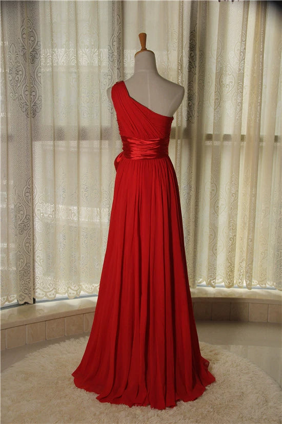 red one-shoulder chiffon evening maxi dress