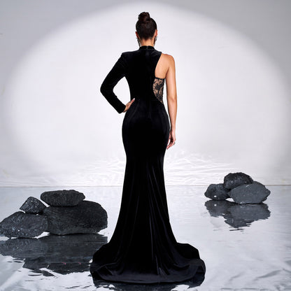 one-shoulder rhinestone detail cutout maxi dress in black