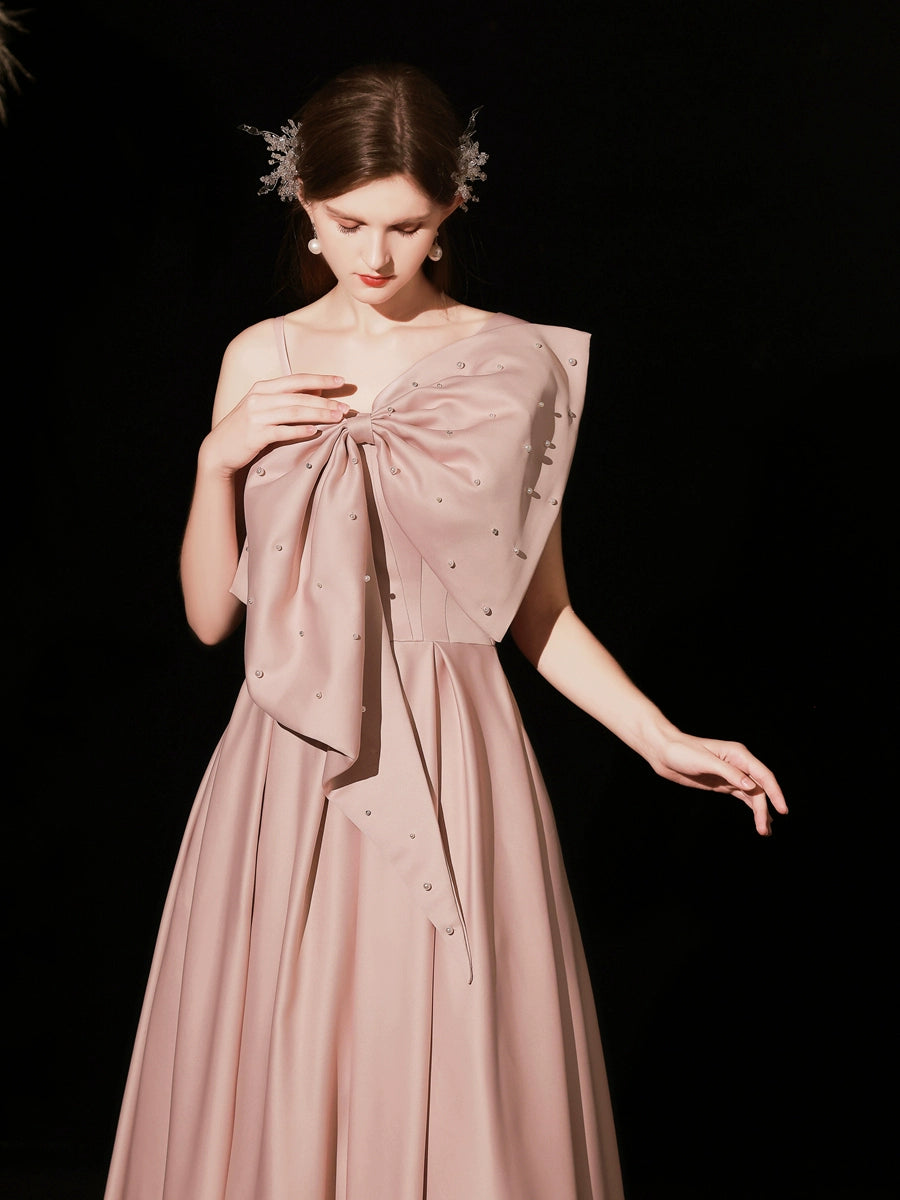 pearl embellished bow strapless maxi dress in pink