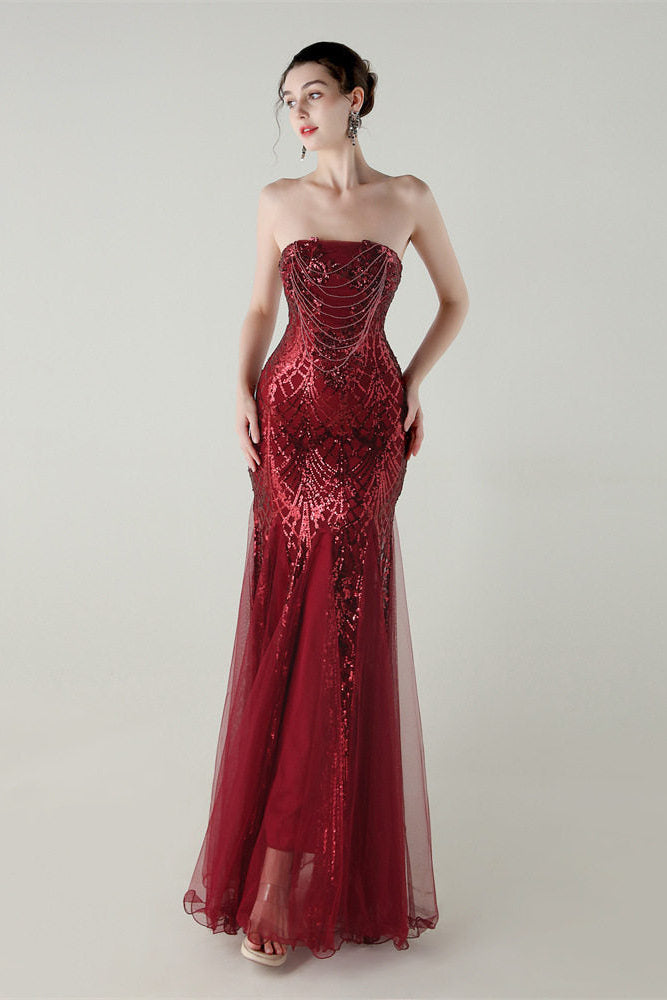 sequin strapless tulle maxi dress