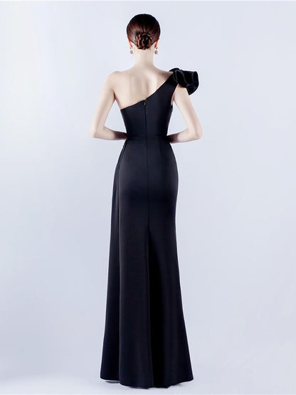 One Shoulder Flower Pleated Draped Prom Dress