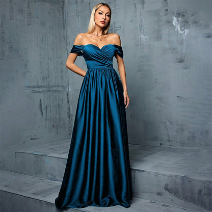 molly off shoulder ruched satin maxi dress in navy blue