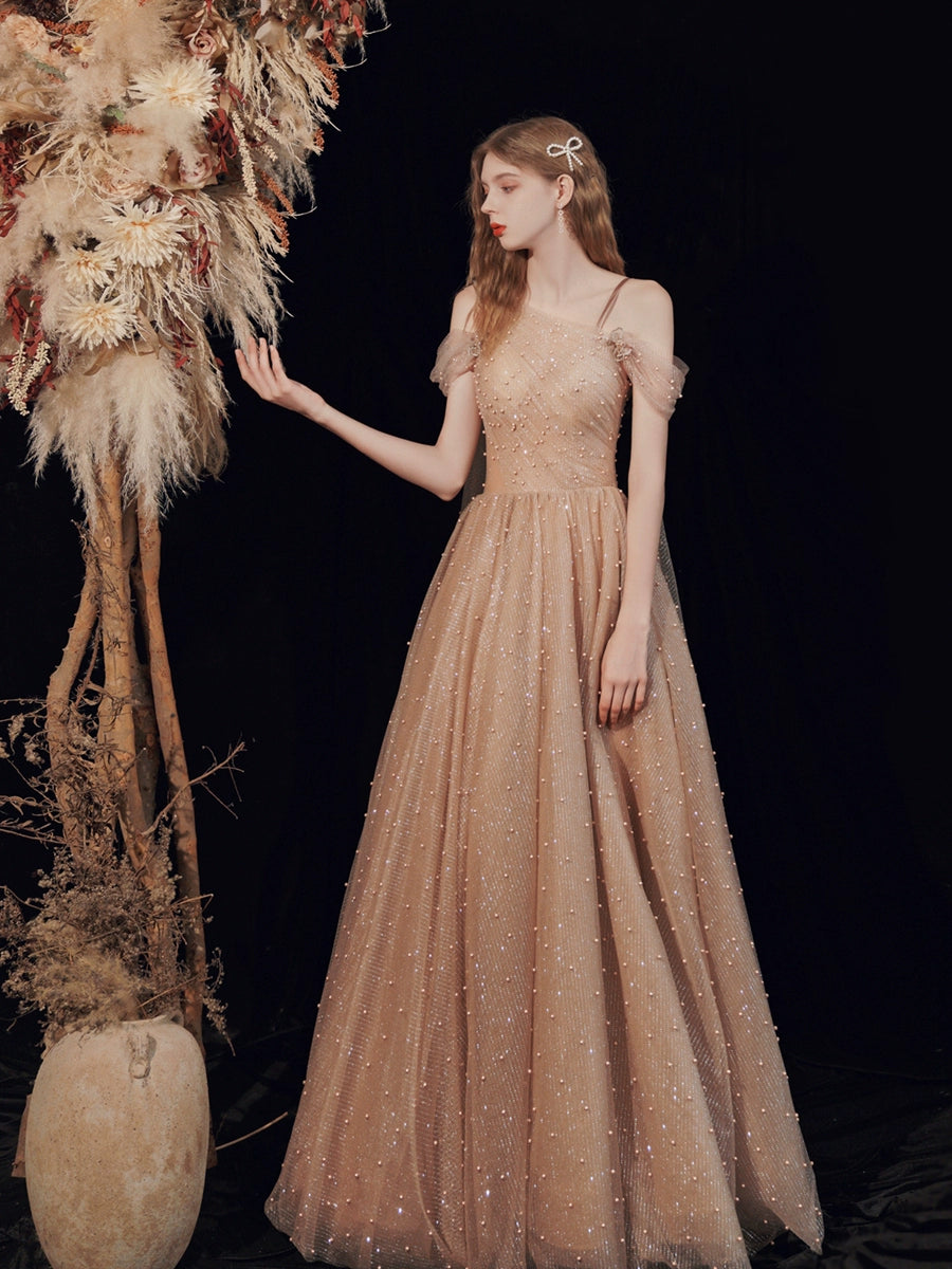 venus pearl embellished tulle maxi dress in brown