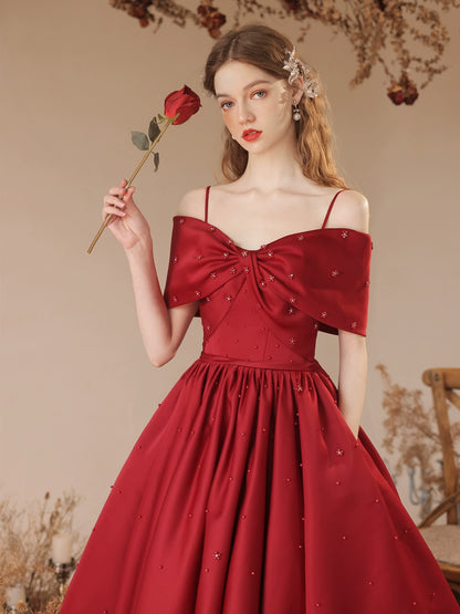 Claret pearl embellished satin bow maxi dress