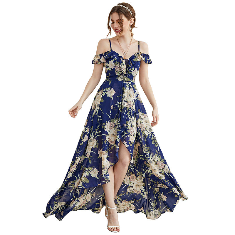 viven floral print ruffle satin maxi dress in blue