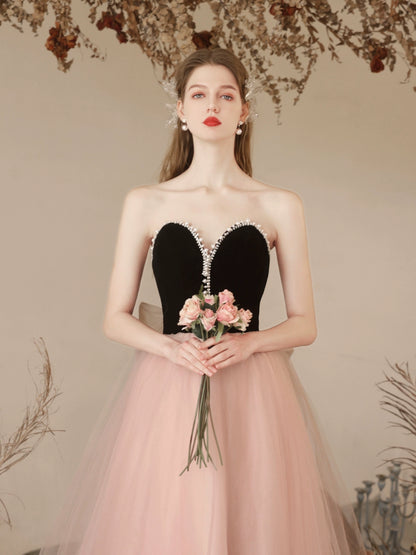 sabrina black velvet patchwork tulle strapless maxi dress