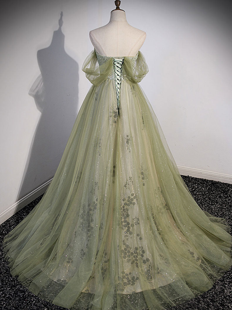Abito da ballo lungo in tulle verde a trapezio