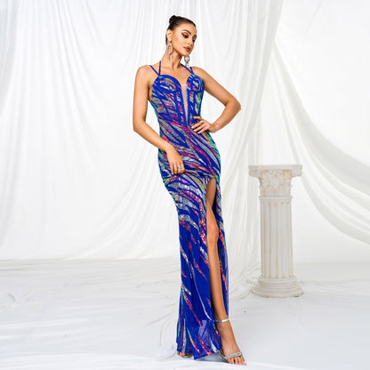 Sleeveless halter neck bodycon sequined slit dress