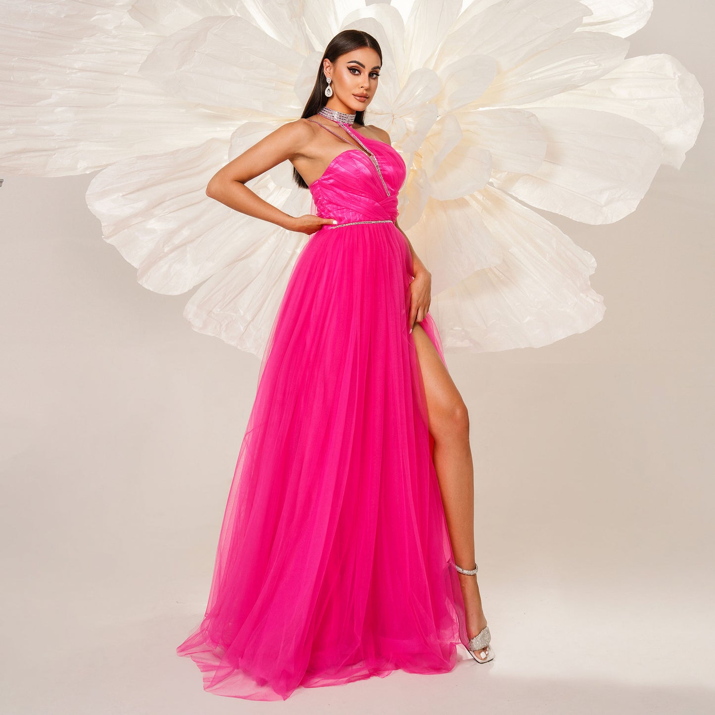 rhinestone detail halter tulle maxi dress in rose red